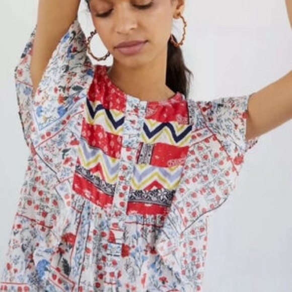 Let Me Be Vibrant Patchwork Blouse with Ruffle Sleeves, 100% Cotton, Size 2 - Picture 2 of 11